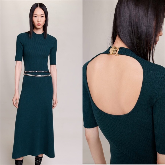 Maje cutout ribbed knit wool blend midi dress